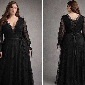 Sz 14 Black Lace V-Neck Long Sleeve Gown with Satin Ribbon Bridal, Wedding, Prom